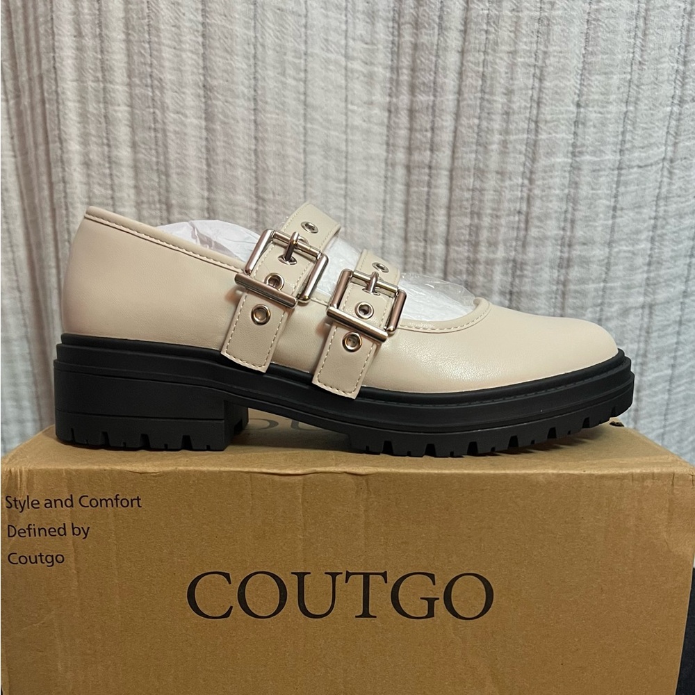 Coutgo Women's Cream and Black Double Buckle Mary Janes